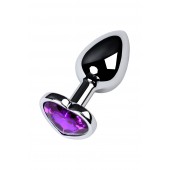 Серебристая коническая анальная пробка с фиолетовым кристаллом-сердечком - 7 см. - ToyFa - купить с доставкой в Пушкино