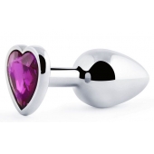 Серебристая анальная пробка с фиолетовым кристаллом-сердечком - 8 см. - Anal Jewelry Plug - купить с доставкой в Пушкино