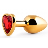 Золотистая анальная пробка с красным стразом-сердечком - 8 см. - Anal Jewelry Plug - купить с доставкой в Пушкино