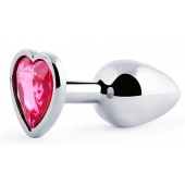 Серебристая анальная пробка с розовым кристаллом-сердечком - 7 см. - Anal Jewelry Plug - купить с доставкой в Пушкино