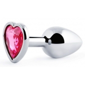 Серебристая анальная пробка с малиновым кристаллом-сердечком - 7 см. - Anal Jewelry Plug - купить с доставкой в Пушкино