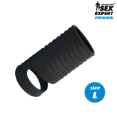 Черная открытая насадка на пенис с кольцом для мошонки L-size - 8,5 см. - Sex Expert - в Пушкино купить с доставкой