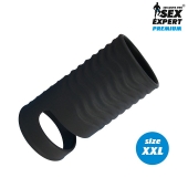 Черная открытая насадка на пенис с кольцом для мошонки XXL-size - 9,4 см. - Sex Expert - в Пушкино купить с доставкой