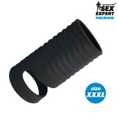 Черная открытая насадка на пенис с кольцом для мошонки XXXL-size - 9,9 см. - Sex Expert - в Пушкино купить с доставкой