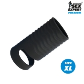 Черная открытая насадка на пенис с кольцом для мошонки XL-size - 8,9 см. - Sex Expert - в Пушкино купить с доставкой