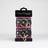 Черные кожаные наручники с розовой строчкой - Crazy Handmade - купить с доставкой в Пушкино