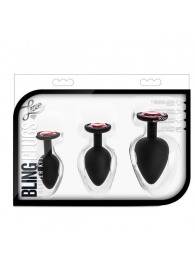 Набор черных анальных пробок с красным кристаллом-сердечком Bling Plugs Training Kit - Blush Novelties - купить с доставкой в Пушкино