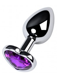 Серебристая коническая анальная пробка с фиолетовым кристаллом-сердечком - 7 см. - ToyFa - купить с доставкой в Пушкино