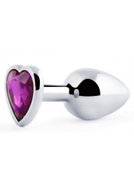 Серебристая анальная пробка с фиолетовым кристаллом-сердечком - 8 см. - Anal Jewelry Plug - купить с доставкой в Пушкино