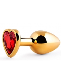 Золотистая анальная пробка с красным стразом-сердечком - 8 см. - Anal Jewelry Plug - купить с доставкой в Пушкино