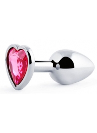 Серебристая анальная пробка с розовым кристаллом-сердечком - 7 см. - Anal Jewelry Plug - купить с доставкой в Пушкино