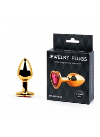 Золотистая анальная пробка с малиновым кристаллом-сердечком - 7 см. - Anal Jewelry Plug - купить с доставкой в Пушкино