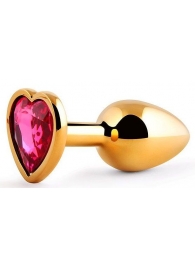 Золотистая анальная пробка с малиновым кристаллом-сердечком - 7 см. - Anal Jewelry Plug - купить с доставкой в Пушкино