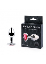 Серебристая анальная пробка с малиновым кристаллом-сердечком - 7 см. - Anal Jewelry Plug - купить с доставкой в Пушкино