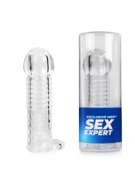 Прозрачная рельефная насадка-реалистик с петлей для мошонки - 13,5 см. - Sex Expert - в Пушкино купить с доставкой