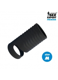 Черная открытая насадка на пенис с кольцом для мошонки size M - 7,9 см. - Sex Expert - в Пушкино купить с доставкой