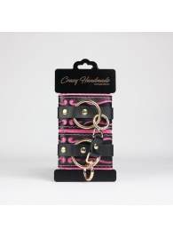 Черные кожаные наручники с розовой строчкой - Crazy Handmade - купить с доставкой в Пушкино