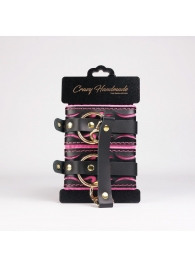 Черные кожаные оковы с розовой строчкой - Crazy Handmade - купить с доставкой в Пушкино