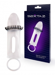 Закрытая насадка на пенис с подхватом мошонки и стимулирующими «ресничками» - Sextaz - в Пушкино купить с доставкой
