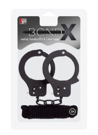 Чёрные наручники из листового металла в комплекте с веревкой BONDX METAL CUFFS LOVE ROPE SET - Dream Toys - купить с доставкой в Пушкино