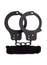 Чёрные наручники из листового металла в комплекте с веревкой BONDX METAL CUFFS LOVE ROPE SET - Dream Toys - купить с доставкой в Пушкино