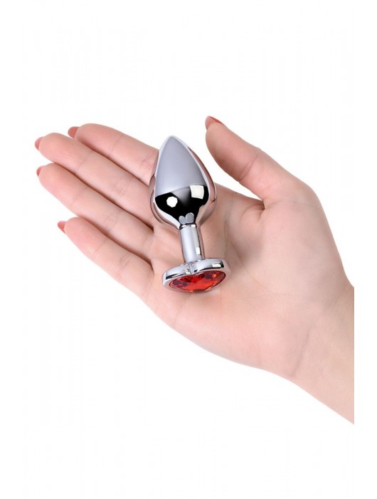 Серебристая коническая анальная пробка с красным кристаллом-сердечком - 7 см. - ToyFa - купить с доставкой в Пушкино
