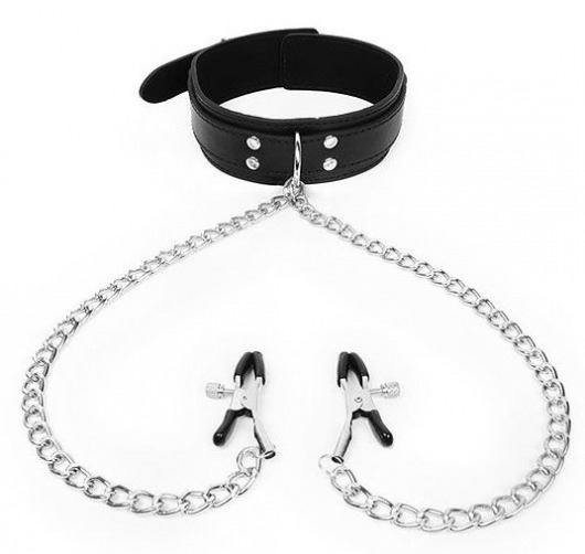 Черный ошейник с зажимами на соски на цепочке - Notabu - купить с доставкой в Пушкино