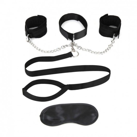 Чёрный ошейник с наручниками и поводком Collar Cuffs   Leash Set - Lux Fetish - купить с доставкой в Пушкино