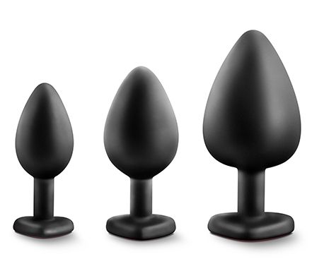 Набор черных анальных пробок с красным кристаллом-сердечком Bling Plugs Training Kit - Blush Novelties - купить с доставкой в Пушкино