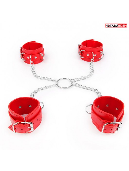 Комплект красных наручников и оков на металлических креплениях с кольцом - Notabu - купить с доставкой в Пушкино