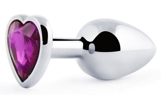 Серебристая анальная пробка с фиолетовым кристаллом-сердечком - 8 см. - Anal Jewelry Plug - купить с доставкой в Пушкино