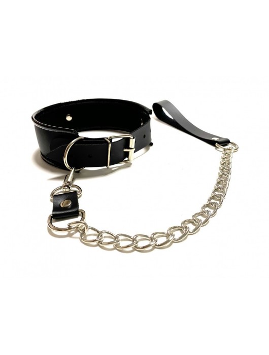 Черный ошейник с поводком из эко-кожи - БДСМ Арсенал - купить с доставкой в Пушкино