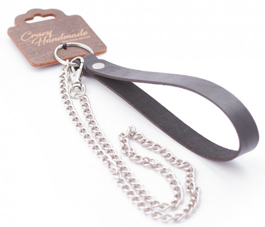 Серебристый металлический поводок с кожаной черной ручкой - 80 см. - Crazy Handmade - купить с доставкой в Пушкино
