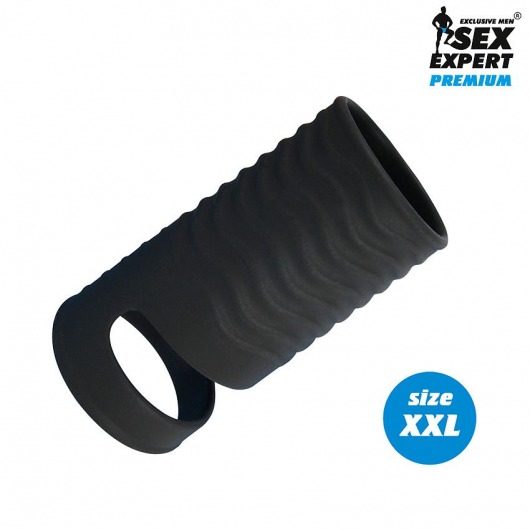 Черная открытая насадка на пенис с кольцом для мошонки XXL-size - 9,4 см. - Sex Expert - в Пушкино купить с доставкой