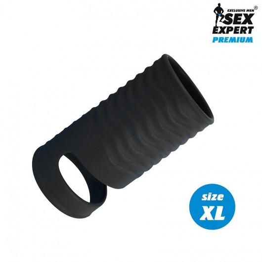 Черная открытая насадка на пенис с кольцом для мошонки XL-size - 8,9 см. - Sex Expert - в Пушкино купить с доставкой