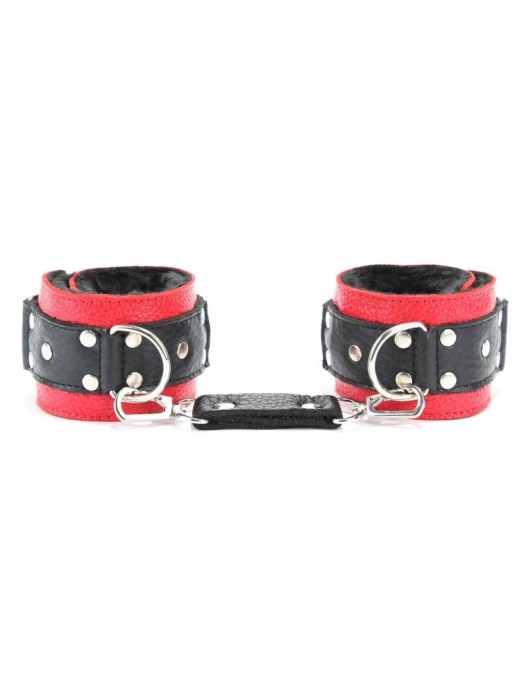 Красно-чёрные кожаные наручники с меховым подкладом - БДСМ Арсенал - купить с доставкой в Пушкино