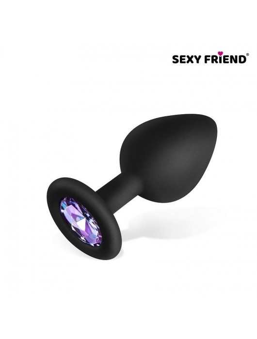 Черная силиконовая анальная втулка с сиреневым кристаллом - 8 см. - 1137