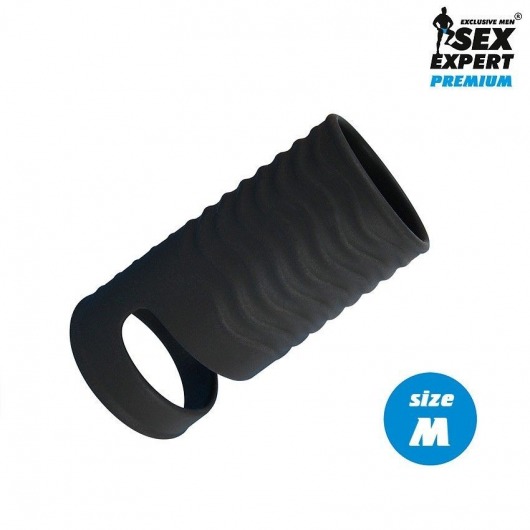 Черная открытая насадка на пенис с кольцом для мошонки size M - 7,9 см. - Sex Expert - в Пушкино купить с доставкой