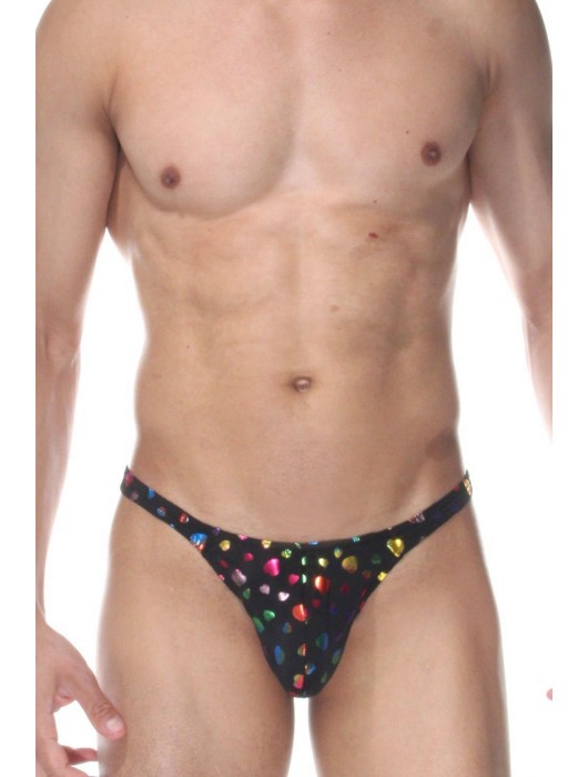Черные мужские трусы-тонги с разноцветными сердечками - Don Moris купить с доставкой