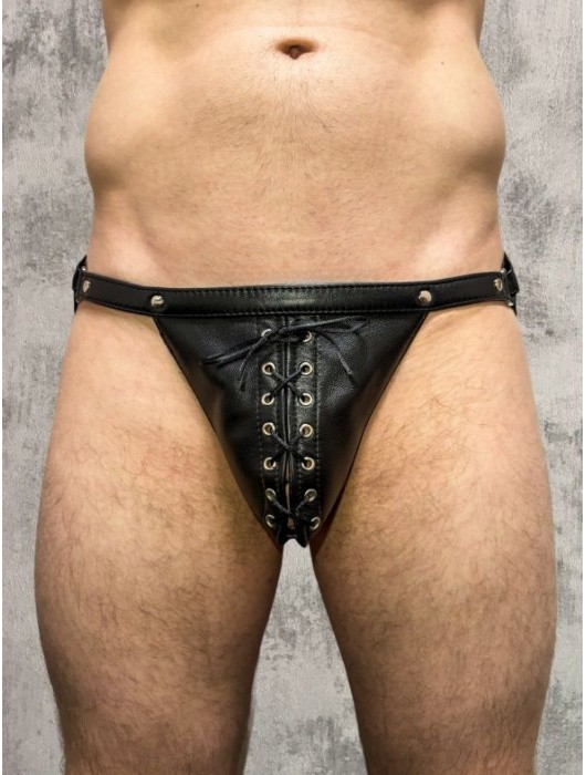 Кожаные мужские трусы-джоки со шнуровкой - БДСМ Арсенал купить с доставкой