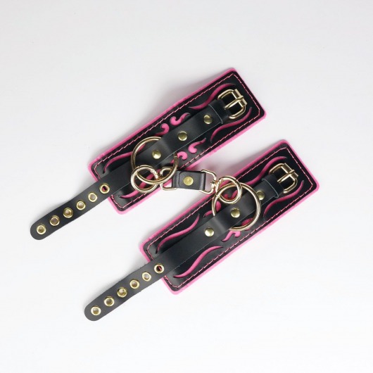 Черные кожаные наручники с розовой строчкой - Crazy Handmade - купить с доставкой в Пушкино