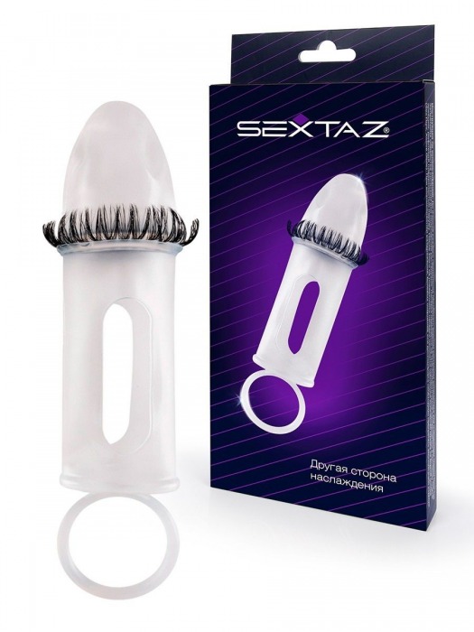 Закрытая насадка на пенис с подхватом мошонки и стимулирующими «ресничками» - Sextaz - в Пушкино купить с доставкой