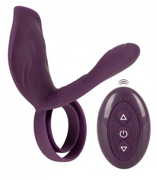 Фиолетовая насадка на член с клиторальным отростком и пультом ДУ RC Couple’s Vibrator 2 - Orion - в Пушкино купить с доставкой