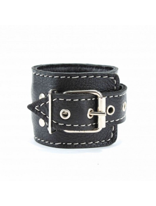Чёрные кожаные наручники с крупной строчкой - БДСМ Арсенал - купить с доставкой в Пушкино