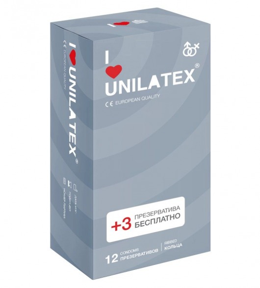 Презервативы с рёбрами Unilatex Ribbed - 12 шт. + 3 шт. в подарок - Unilatex - купить с доставкой в Пушкино